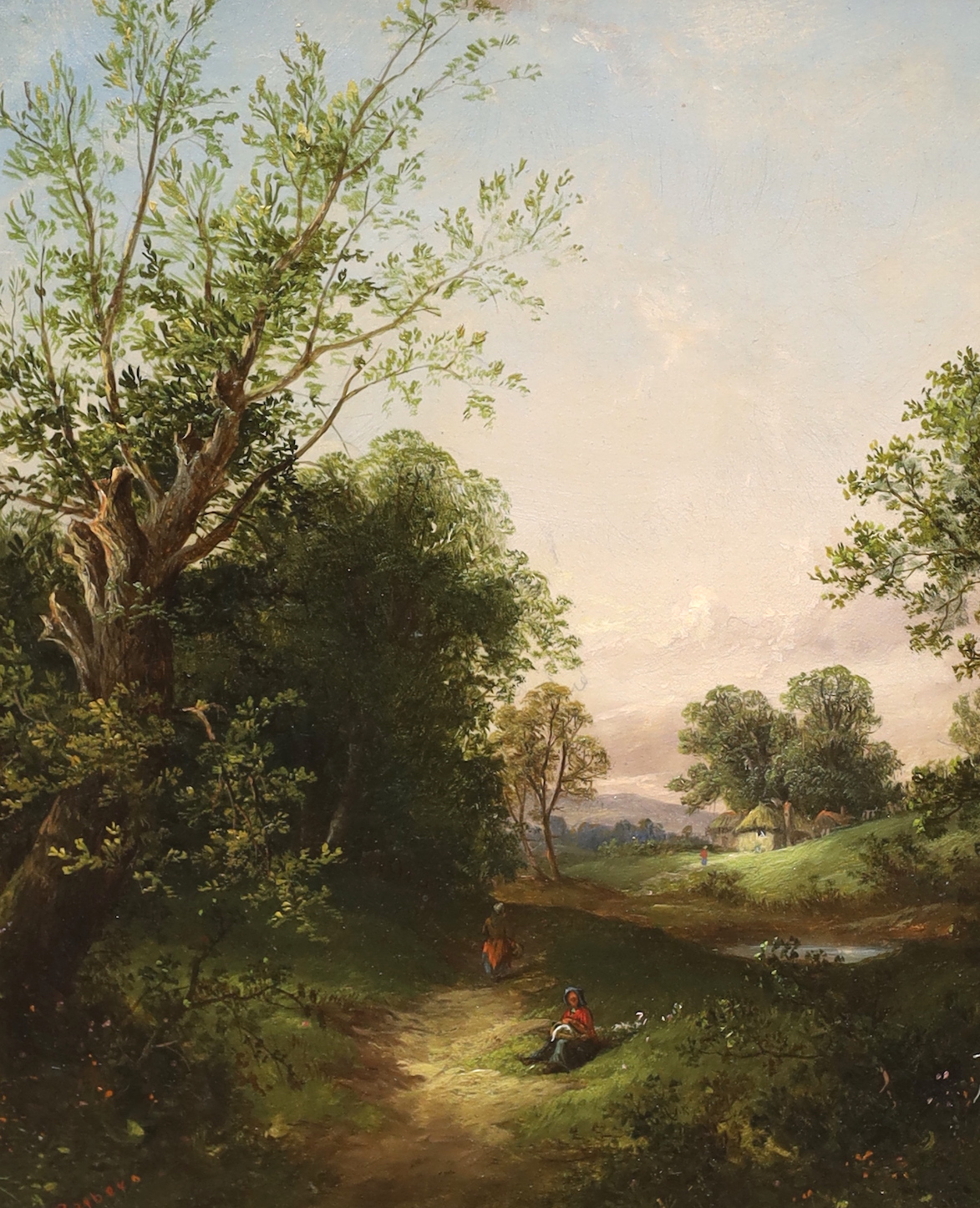 Thomas Stanley Barber (fl.1891-1899), oil on canvas, Rural landscape with figures, signed, inscribed in ink verso, 29 x 23cm, ornate gilt frame
